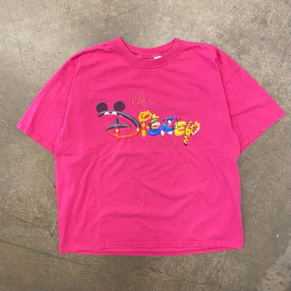 Vintage Walt Disney World Y2K Pink Character Lettering T-Shirt Size XL